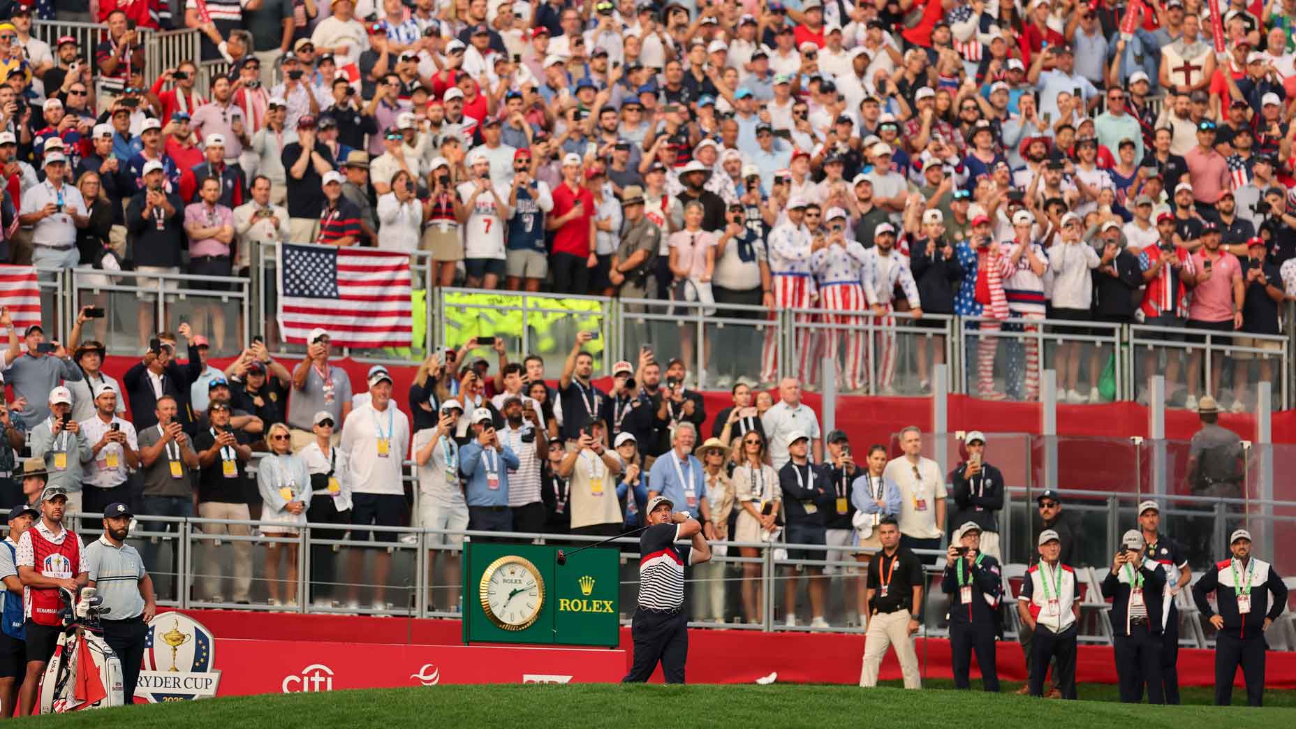 Bryson DeChambeau States tees off on the first hole during the 2025 Ryder Cup at Bethpage Black.