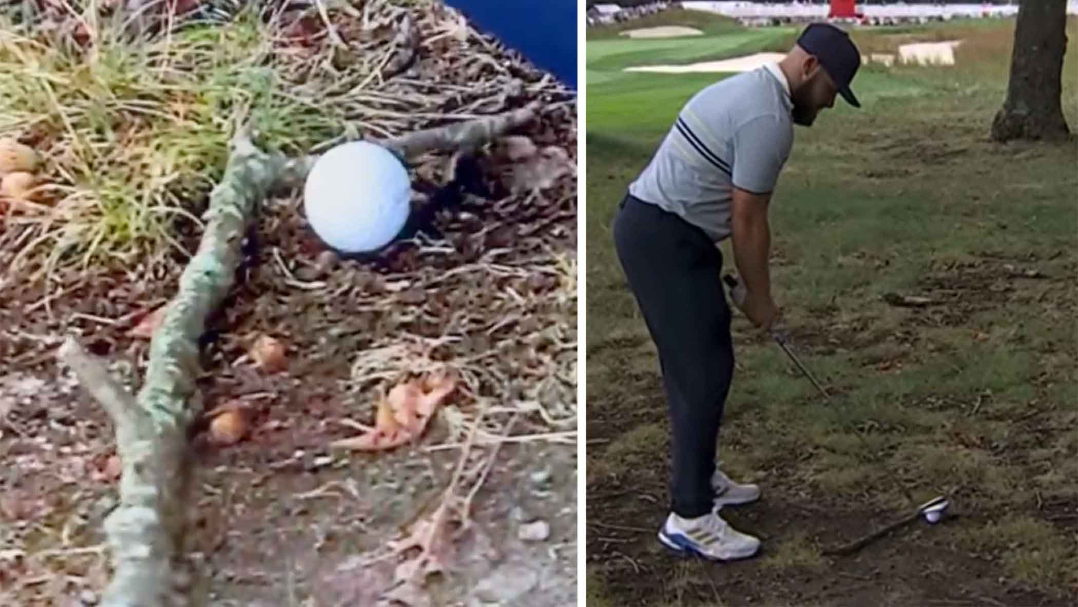 Tyrrell Hatton in the woods on 7th hole at ryder cup