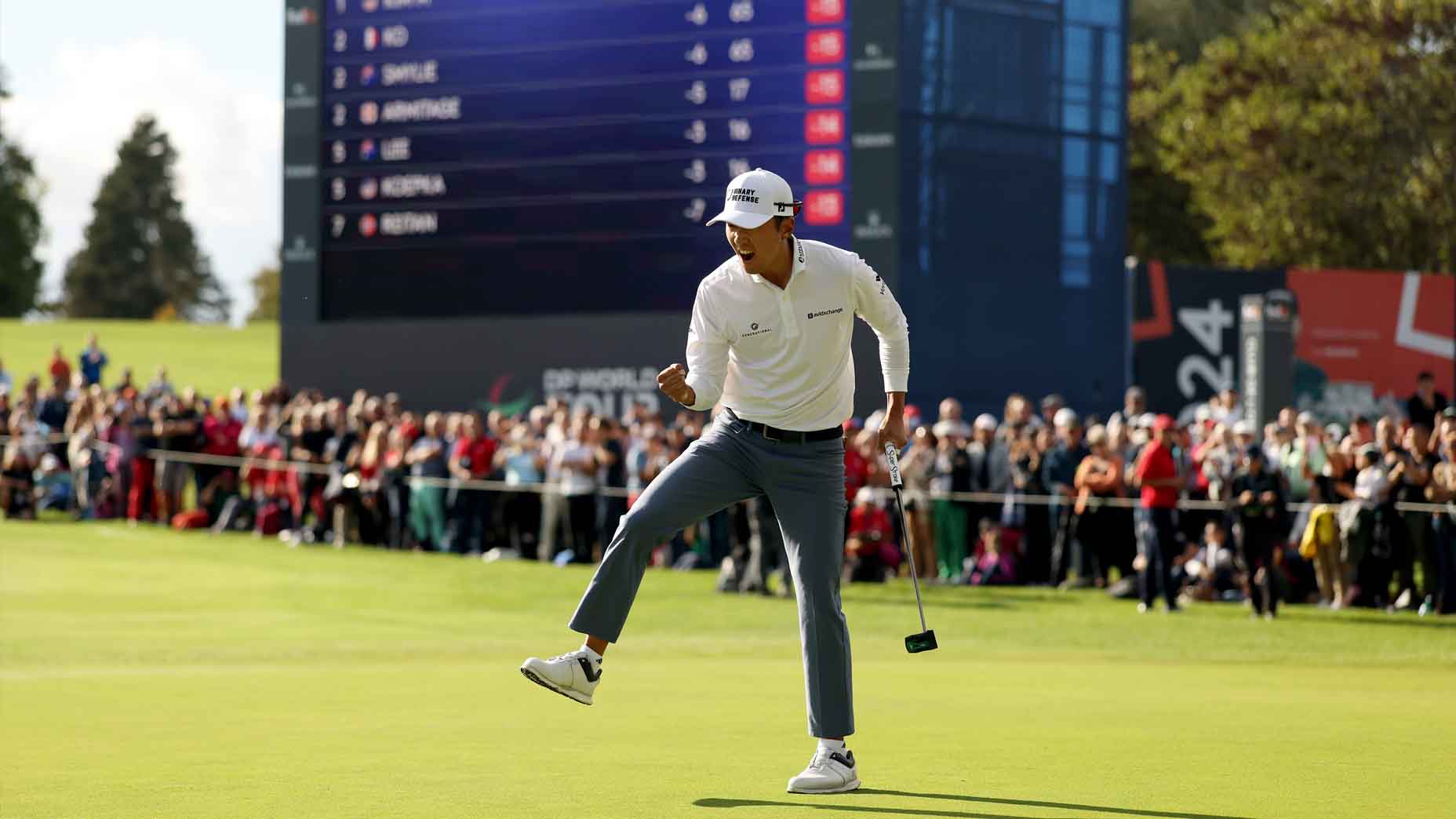 Michael Kim celebrates a made putt at the FedEx Open de France