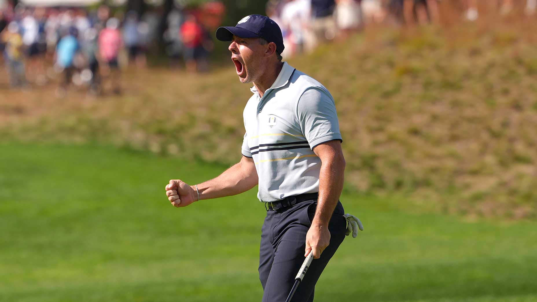 Rory McIlroy celebrates a birdie on the 6th hole during Day 1 of the Ryder Cup on Friday at Bethpage Black in Farmingdale, N.Y.