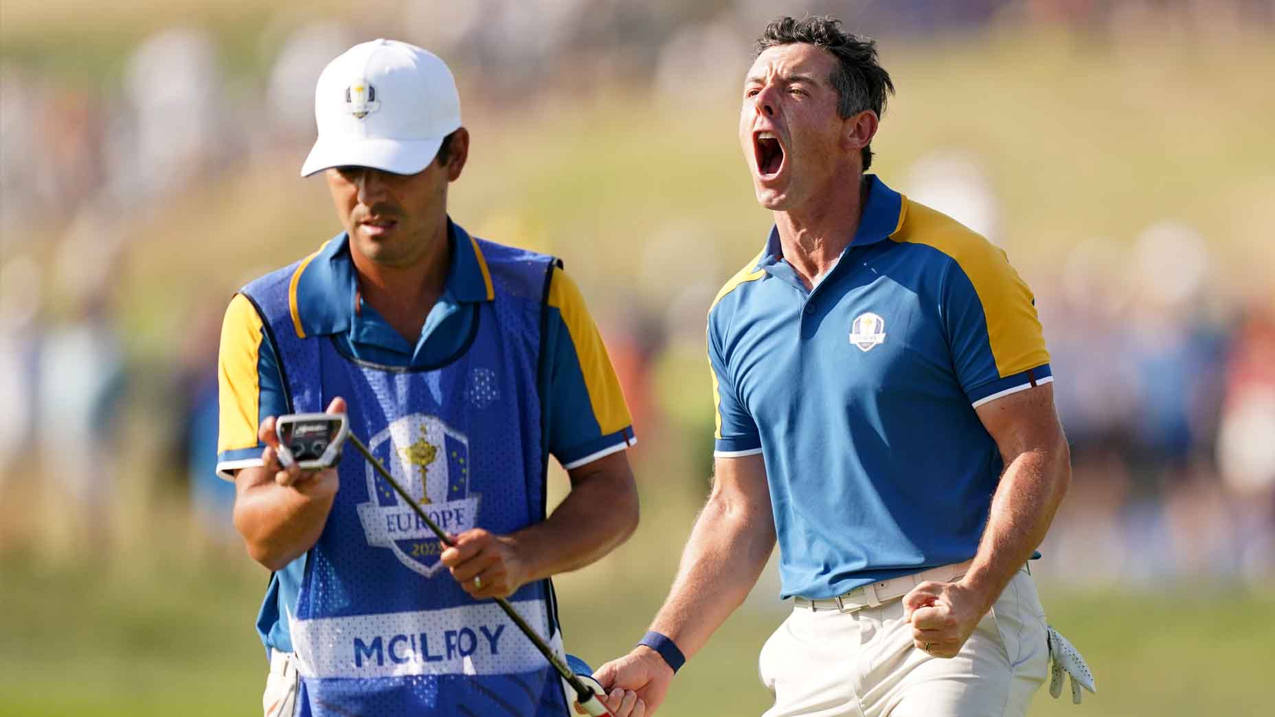 Rory McIlroy celebrates a shot during the 2023 Ryder Cup