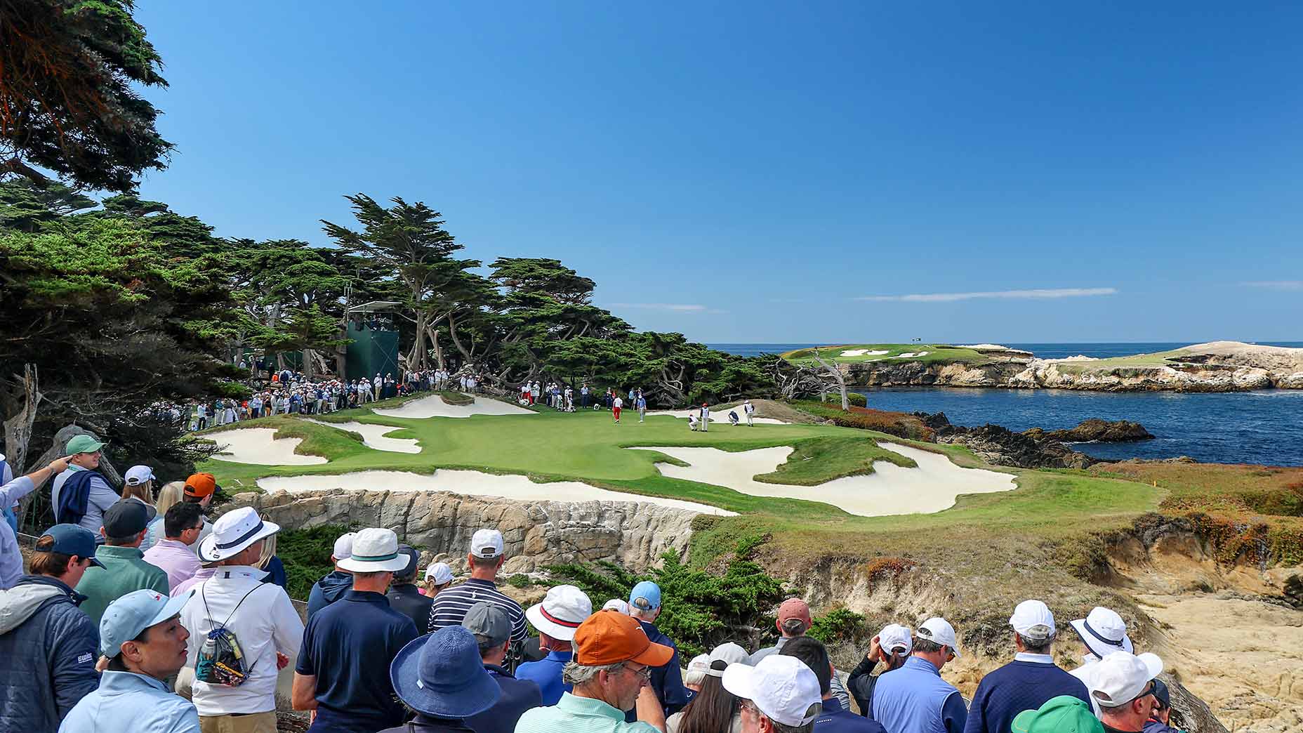 A view of the par-3 15th hole during the opening day of the Walker Cup on Saturday at Cypress Point Club in Pebble Beach, Calif.