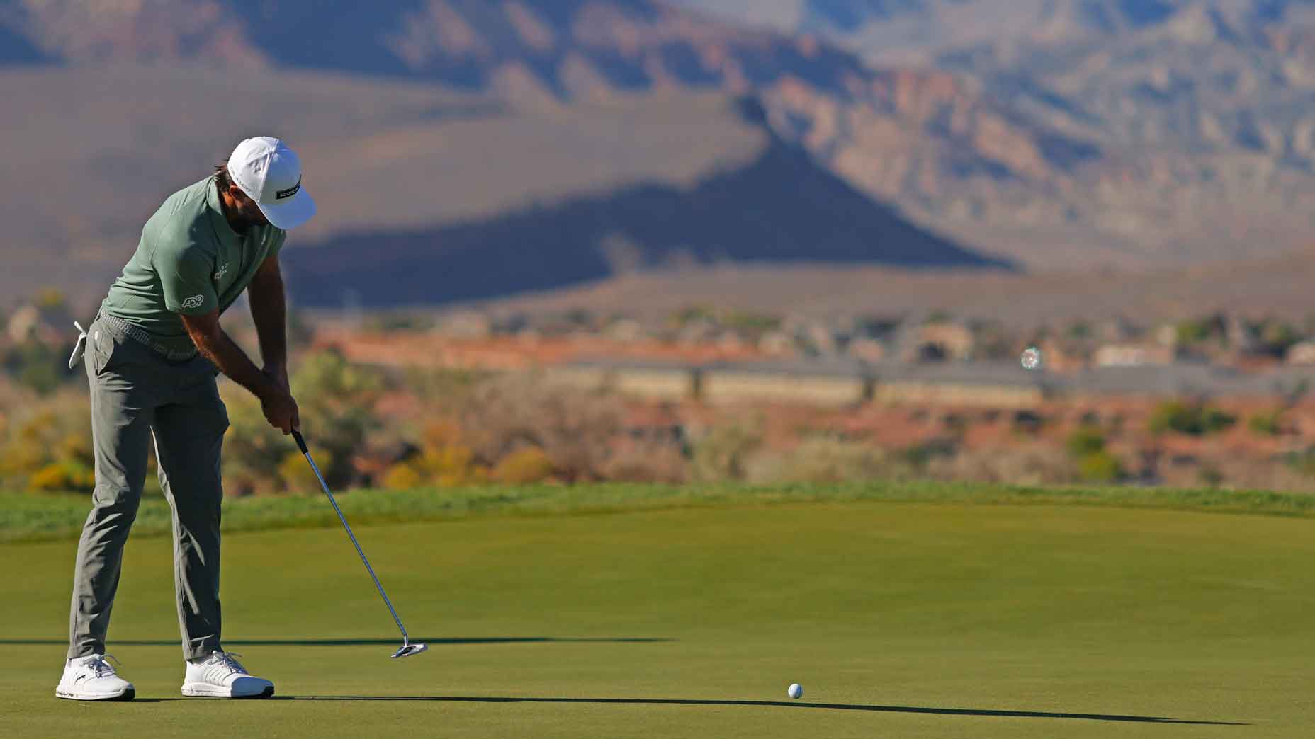 Max Homa of the United States putts on the 15th hole during the second round of the Bank of Utah Championship 2025 at Black Desert Resort on October 24, 2025 in St George, Utah.