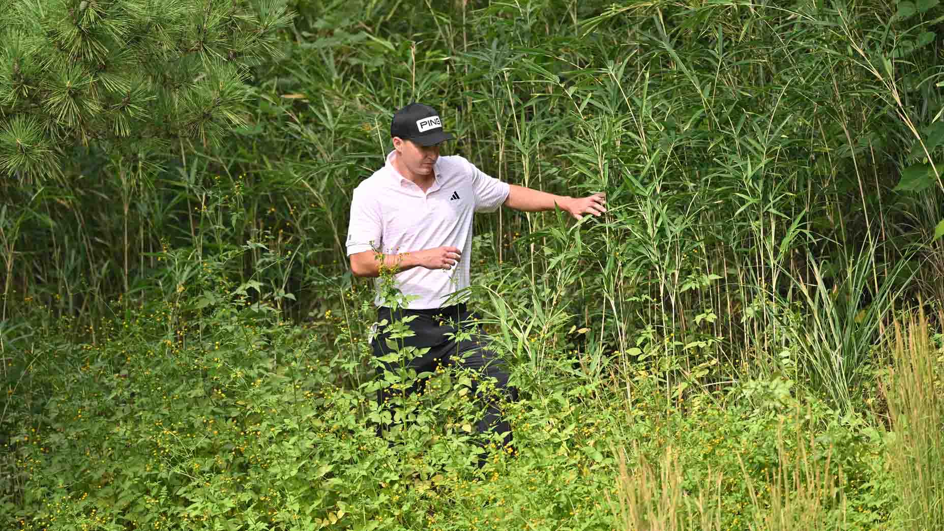 Matt McCarty searches for a tee shot after hitting it out of bounds