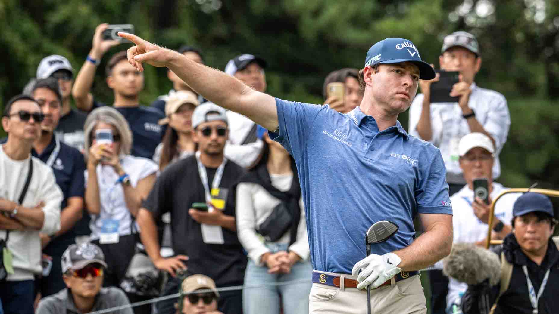 Max Greyserman reacts to a tee shot during the final round of the Baycurrent Classic