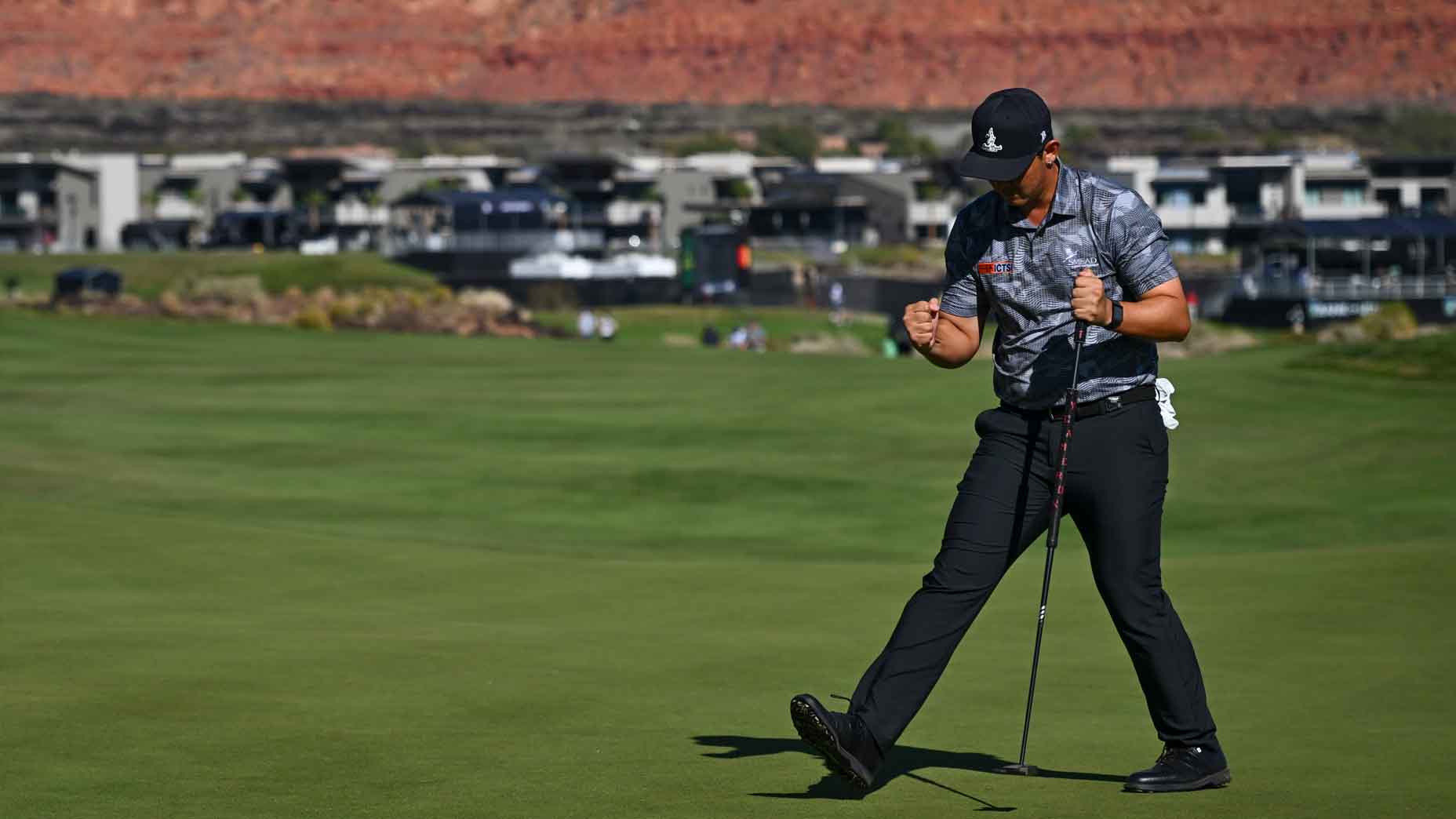 Rico Hoey reacts to a made putt at the 2025 Bank of Utah Championship