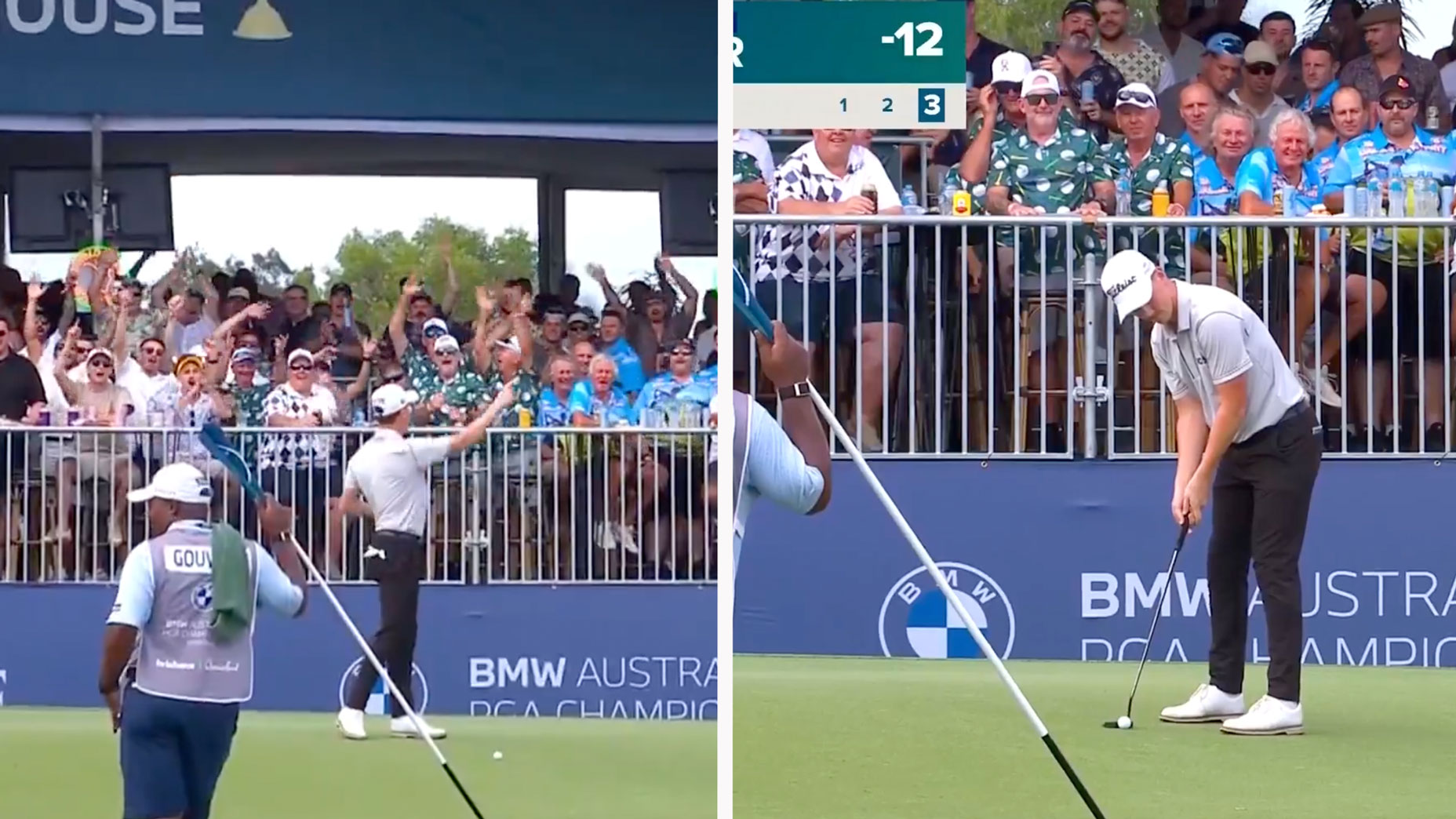 Pro sings ‘Sweet Caroline’ with crowd then clutches 10-footer for par at Australian PGA