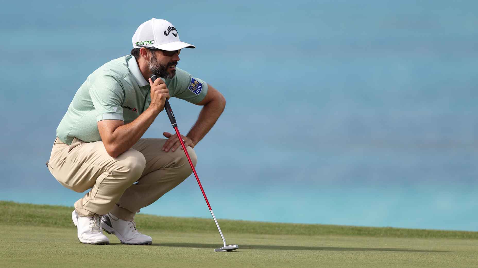 Adam Hadwin of Canada lines up a putt on the eighth green during the second round of the Butterfield Bermuda Championship 2025 at Port Royal Golf Course on November 14, 2025 in Southampton, Bermuda.