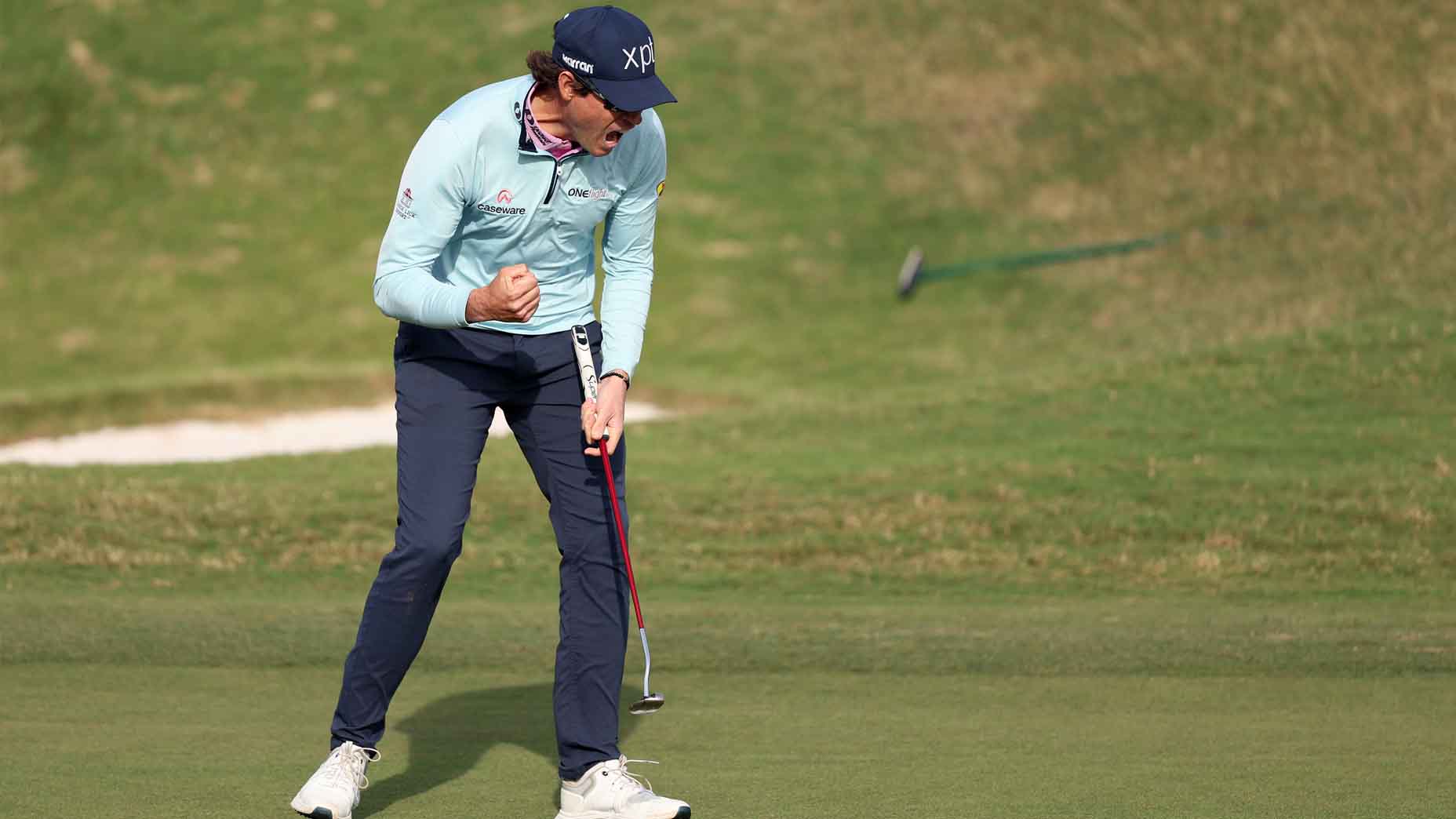Adam Schenk reacts to his winning putt at the Bermuda Championship
