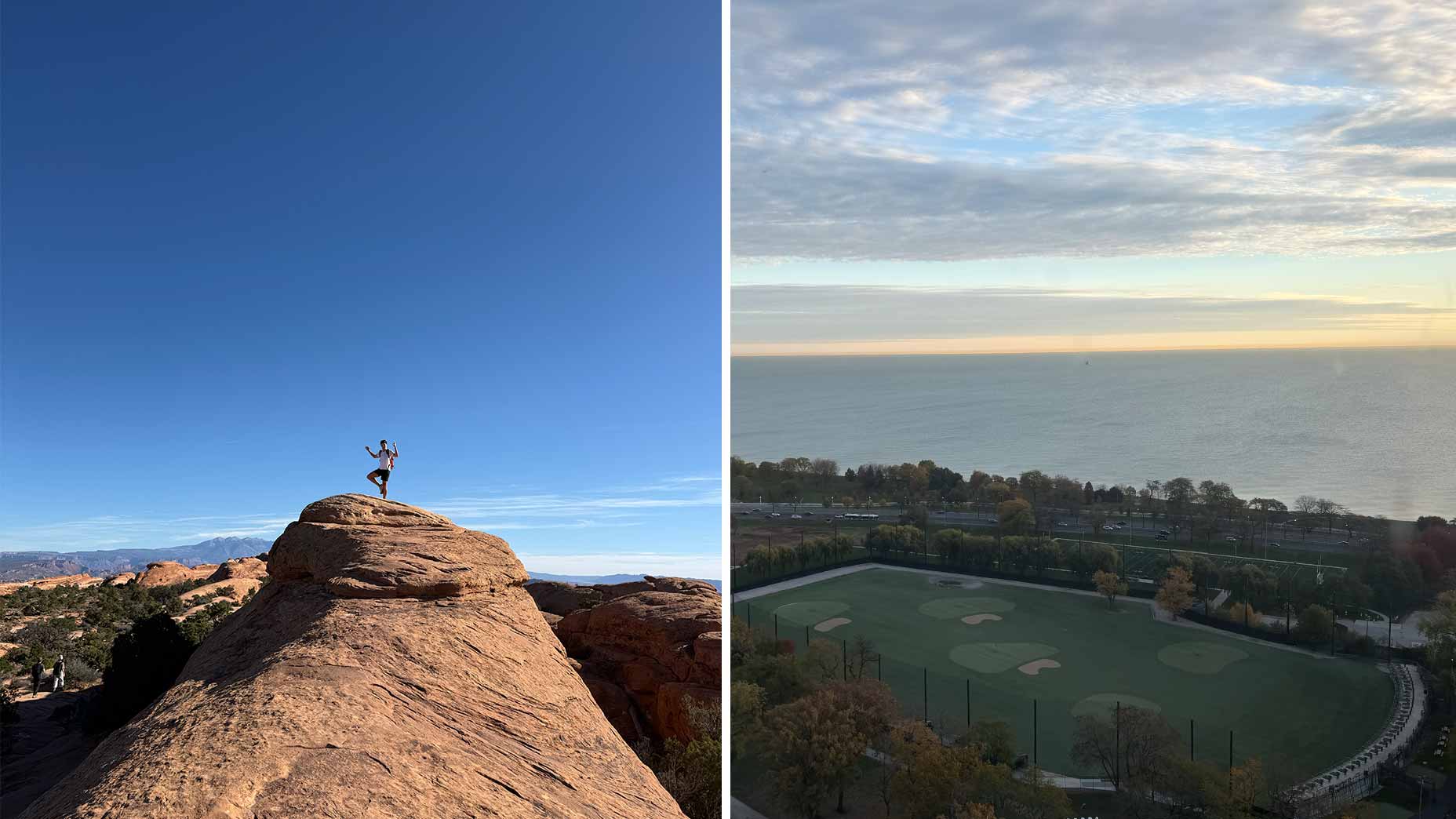 a golf dot com editor stands on a rock at arches national park separated by a photo of a driving range in chicago