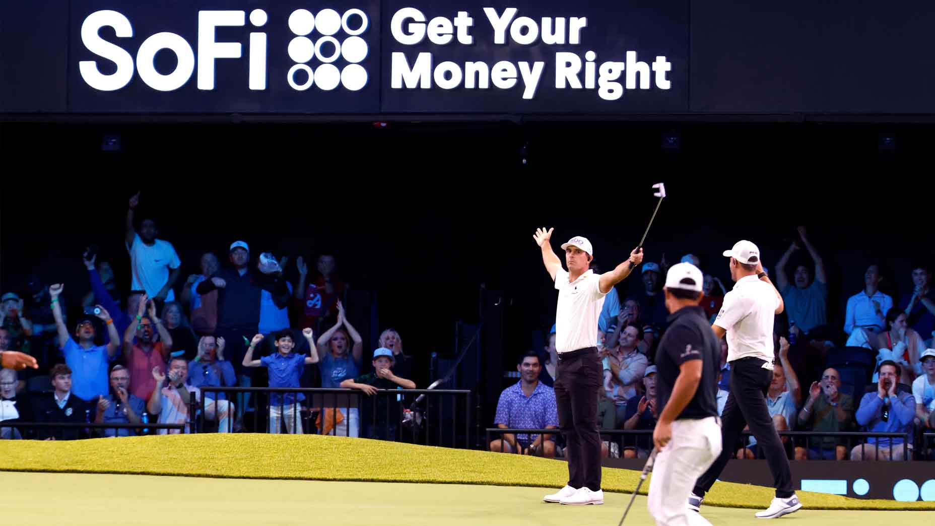Billy Horschel celebebrates a made putt during a TGL match