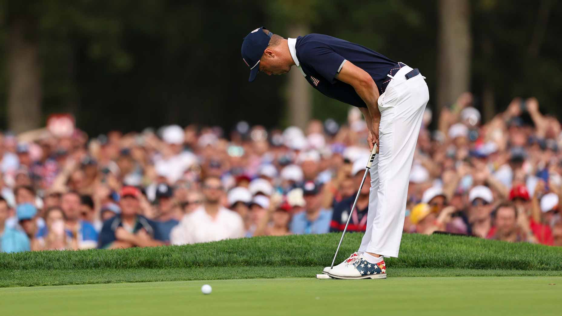 Justin Thomas reacts after missing putt during the 2025 Ryder Cup at Bethpage Black.