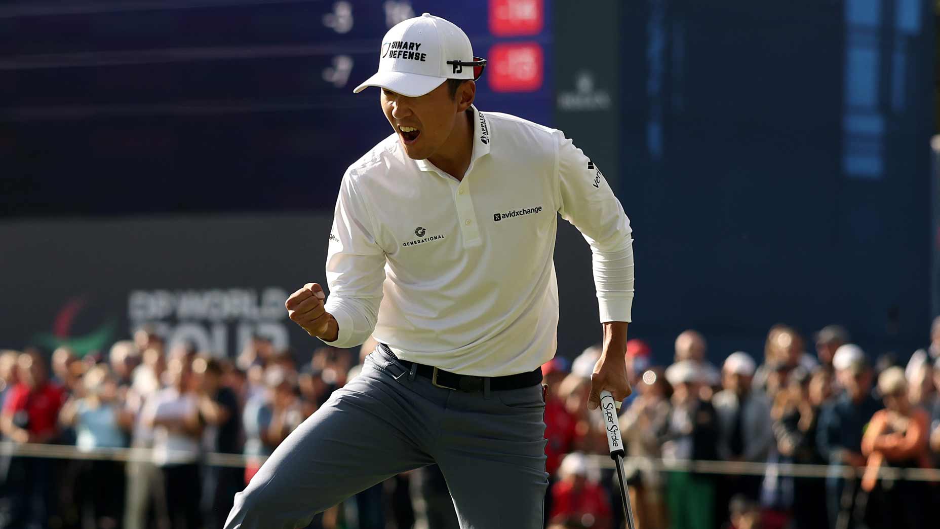 Michael Kim, among those who secured 2026 Masters invites Sunday, celebrates at 2025 French Open.