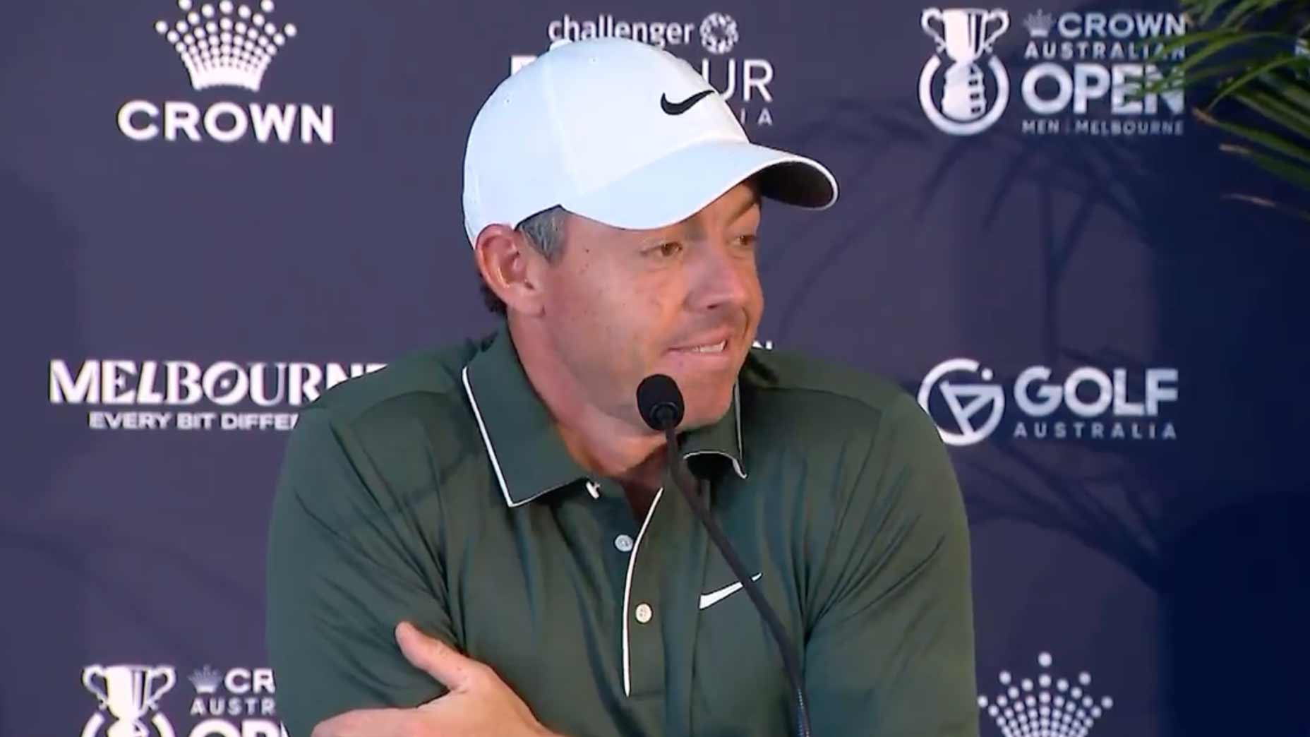 Rory McIlroy talks to media during 2025 Australian Open at Royal Melbourne.