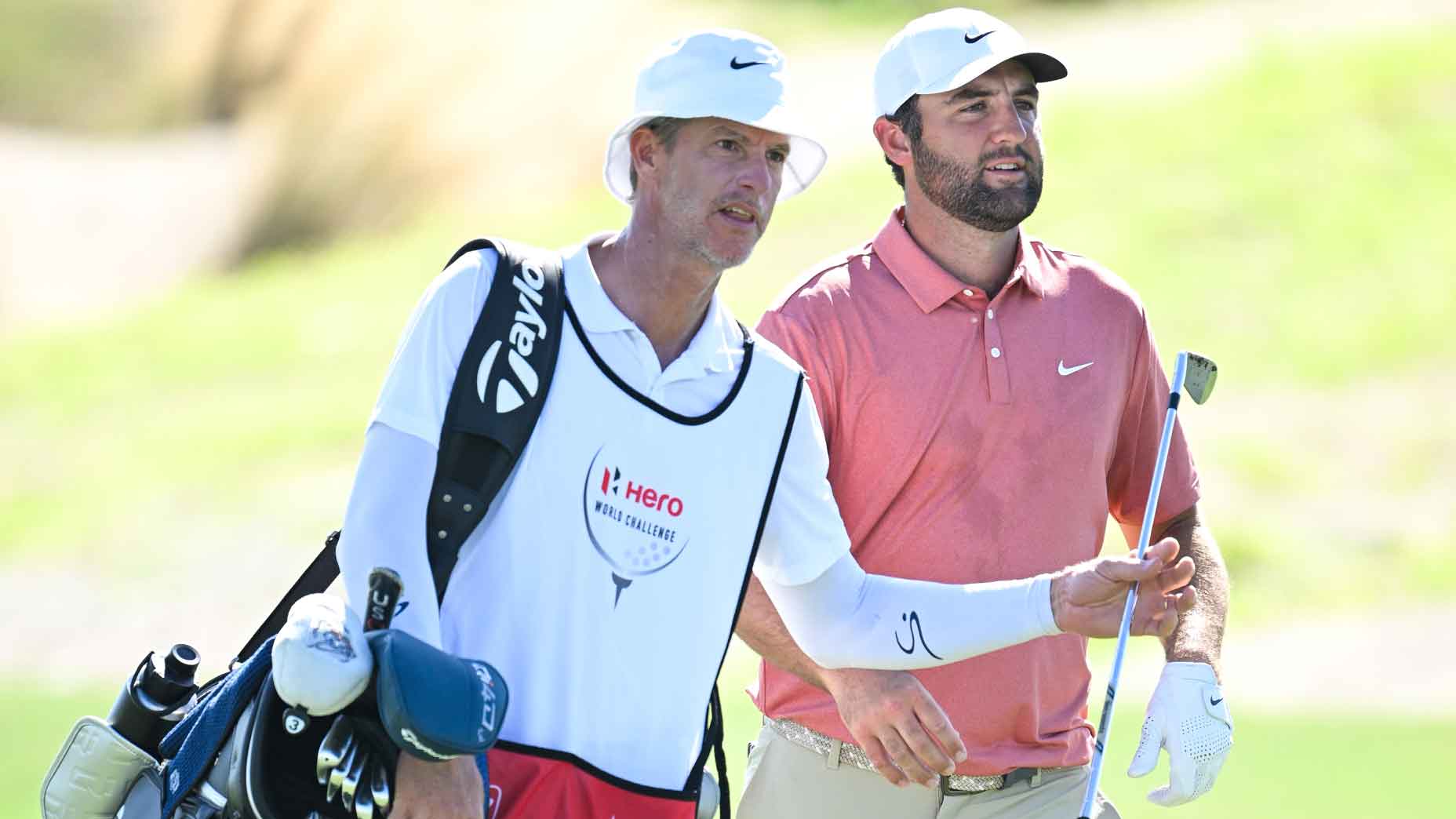 Scottie Scheffler and his caddie, Ted Scott, walk along the third hole during the second round of the Hero World Challenge at Albany Golf Course on December 5, 2025 in Naussau, New Providence. (Photo by Ben Jared/PGA TOUR via Getty Images)