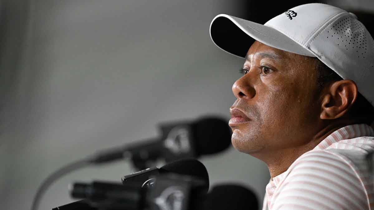 Tiger Woods speaks to the media at the Hero World Challenge in the Bahamas on Tuesday.