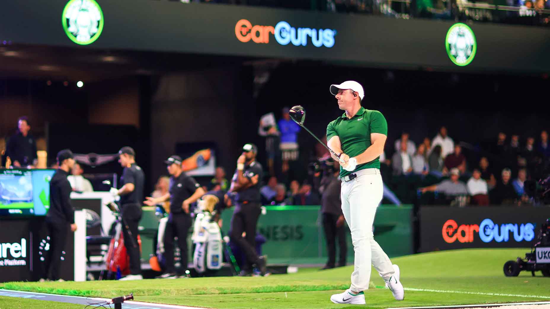 Rory McIlroy hits a shot at the SoFi Center